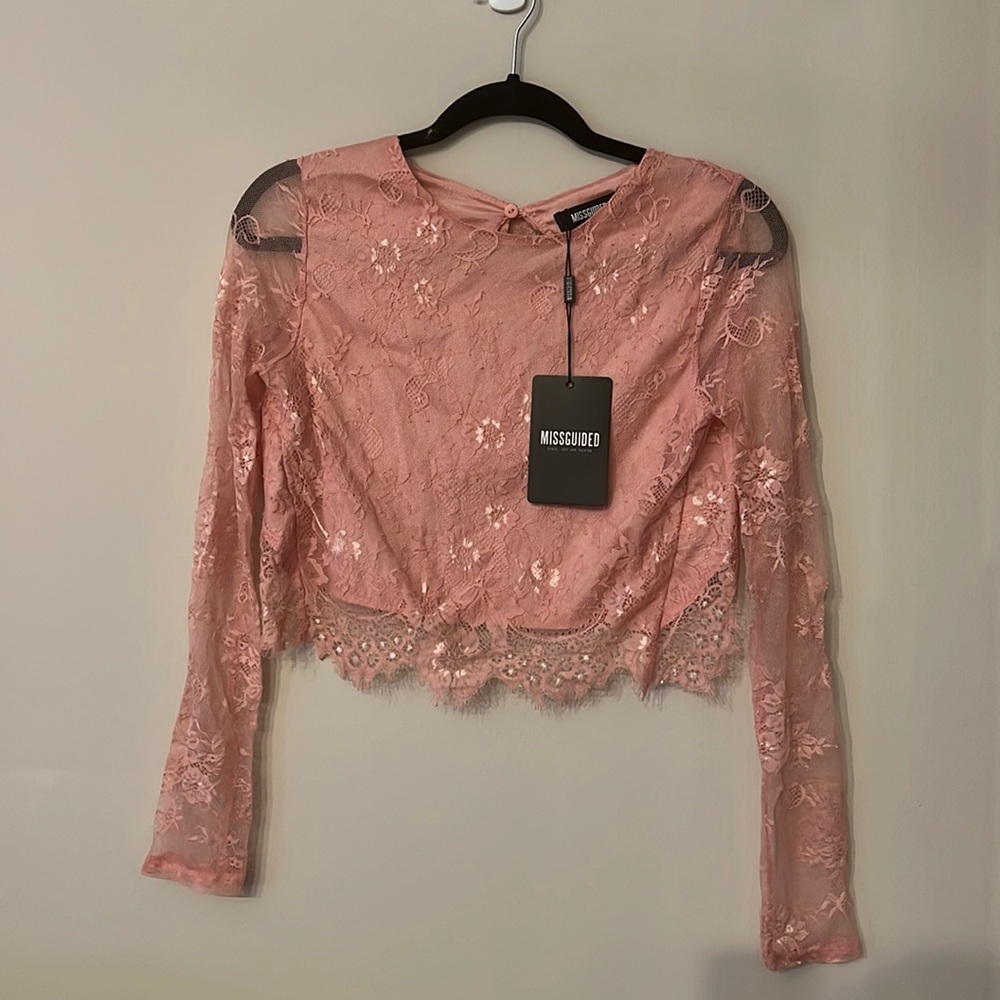 Missguided blush pink lace open back top
